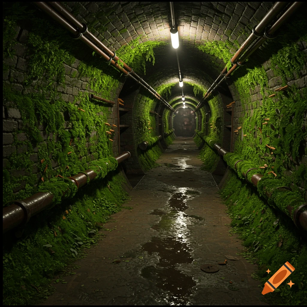 A mossy, damp sewer tunnel with pipes, illuminated by lights along the ceiling.