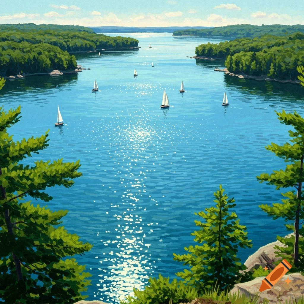 Sailboats on a sunny lake surrounded by green trees.