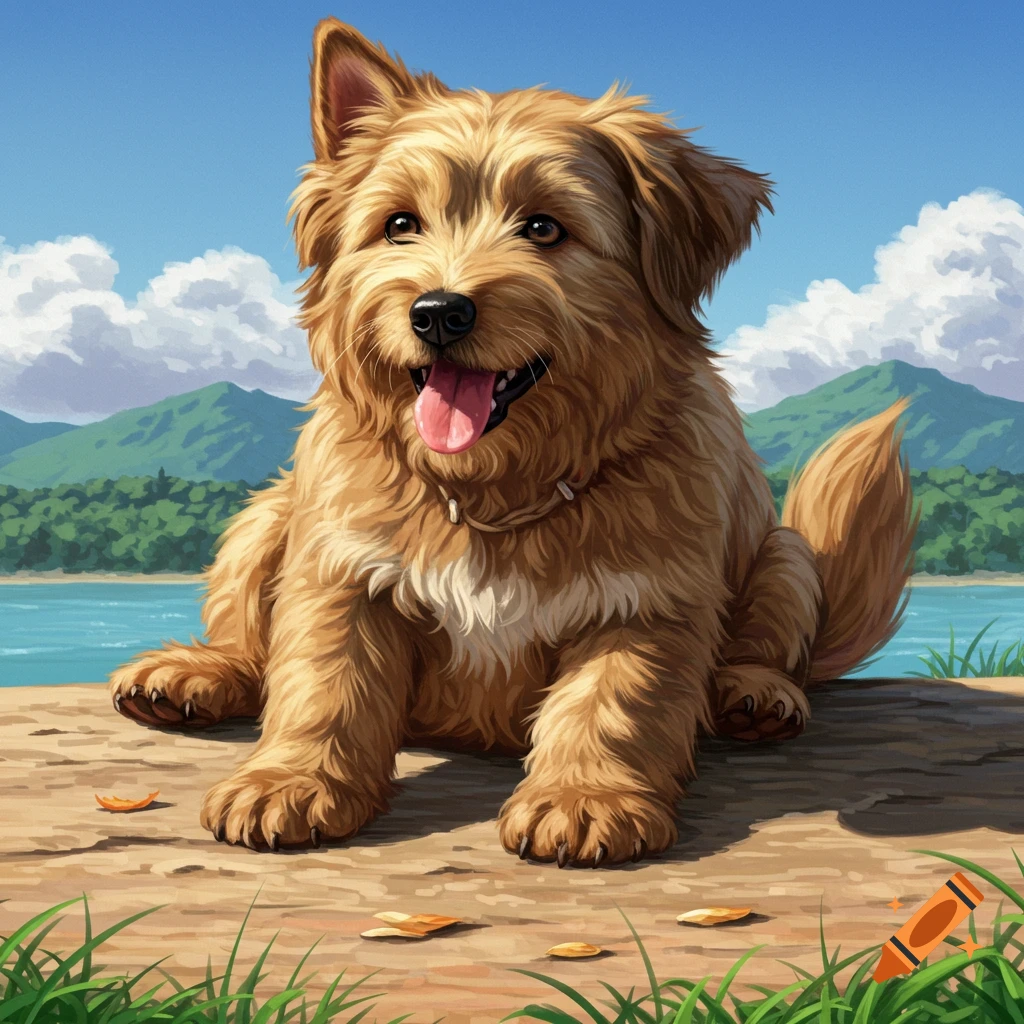 A fluffy brown dog sits by a lake with mountains in the background.