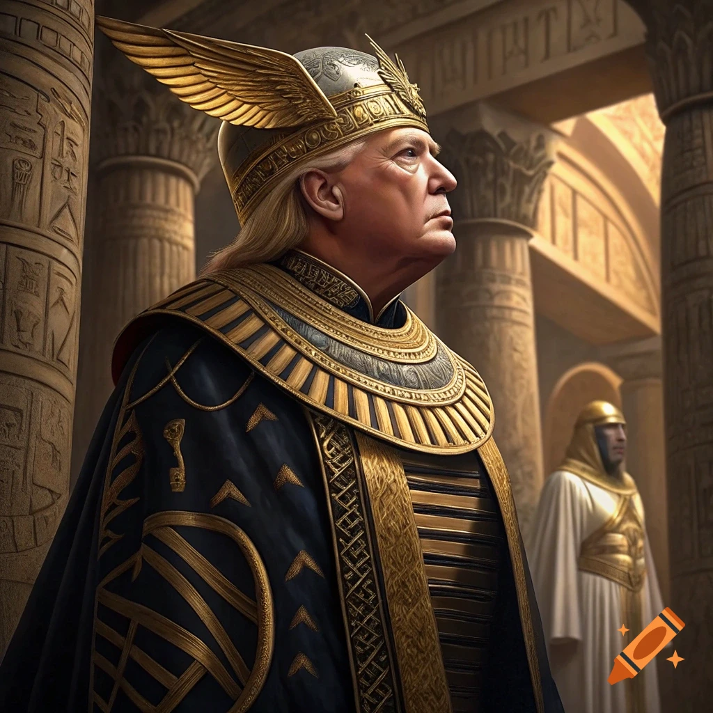 Donald Trump dressed as an Egyptian pharaoh in an ancient temple, wearing a winged headdress and ornate robe.