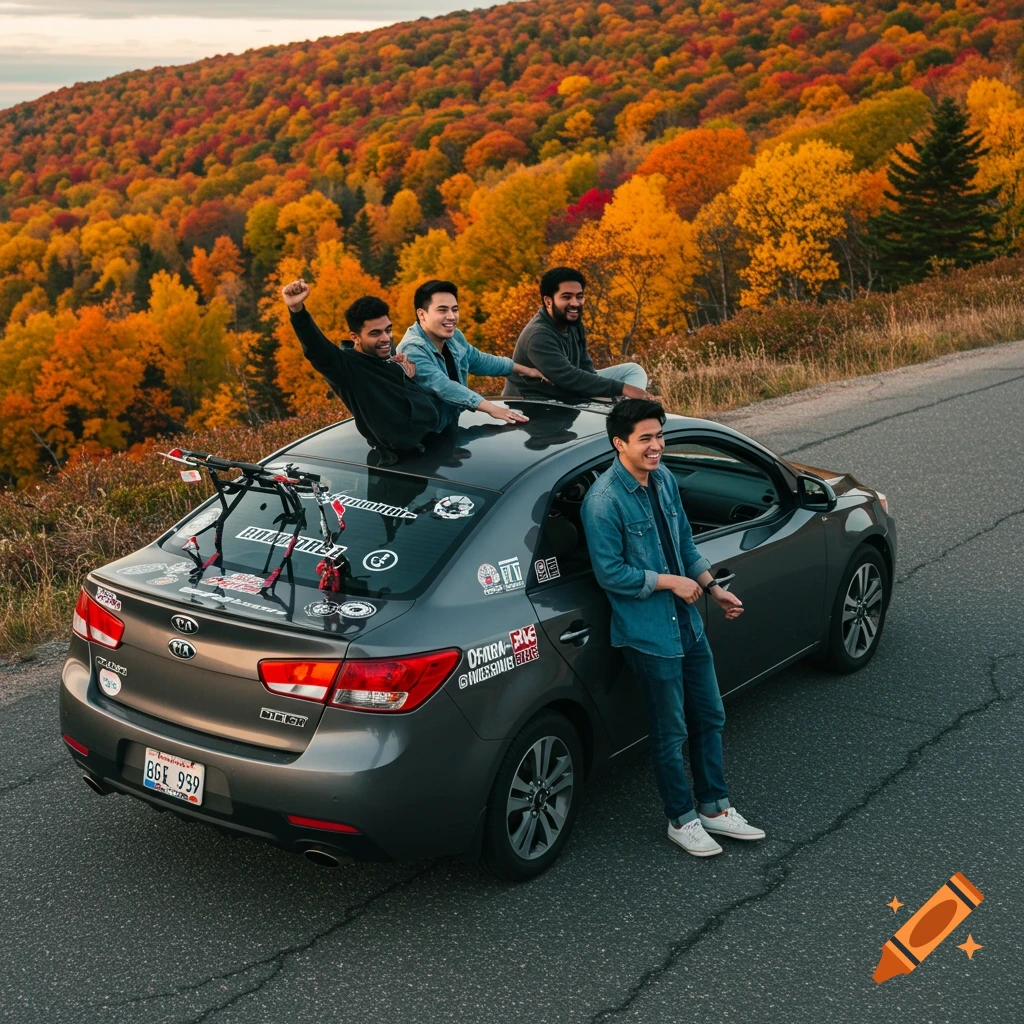 Four friends pose with a grey sedan on a scenic road during autumn with vibrant fall foliage.