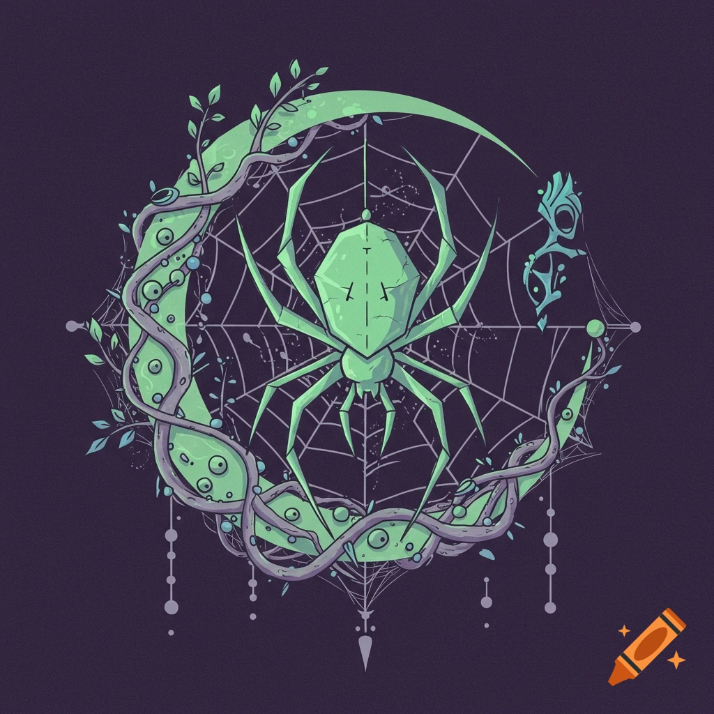A green geometric spider in a web inside a crescent moon wrapped in vines, on a dark background.