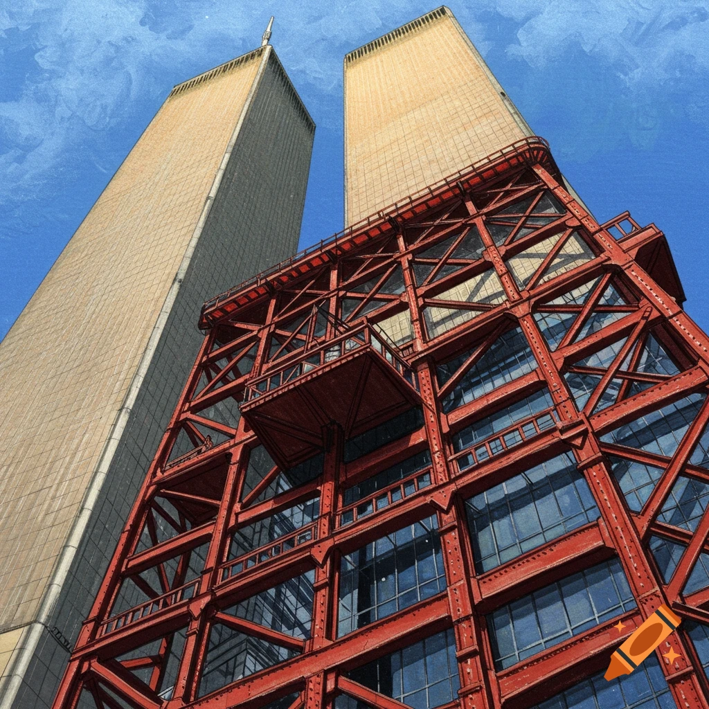The Twin Towers stand tall next to a red structure, viewed from a low angle.