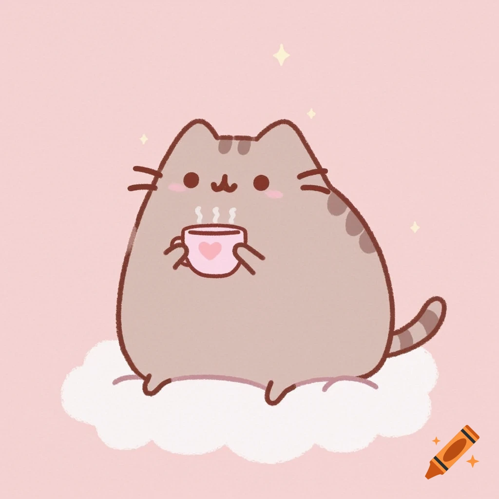 A cute cartoon cat sits on a cloud, drinking from a pink cup with a heart design on a pink background.