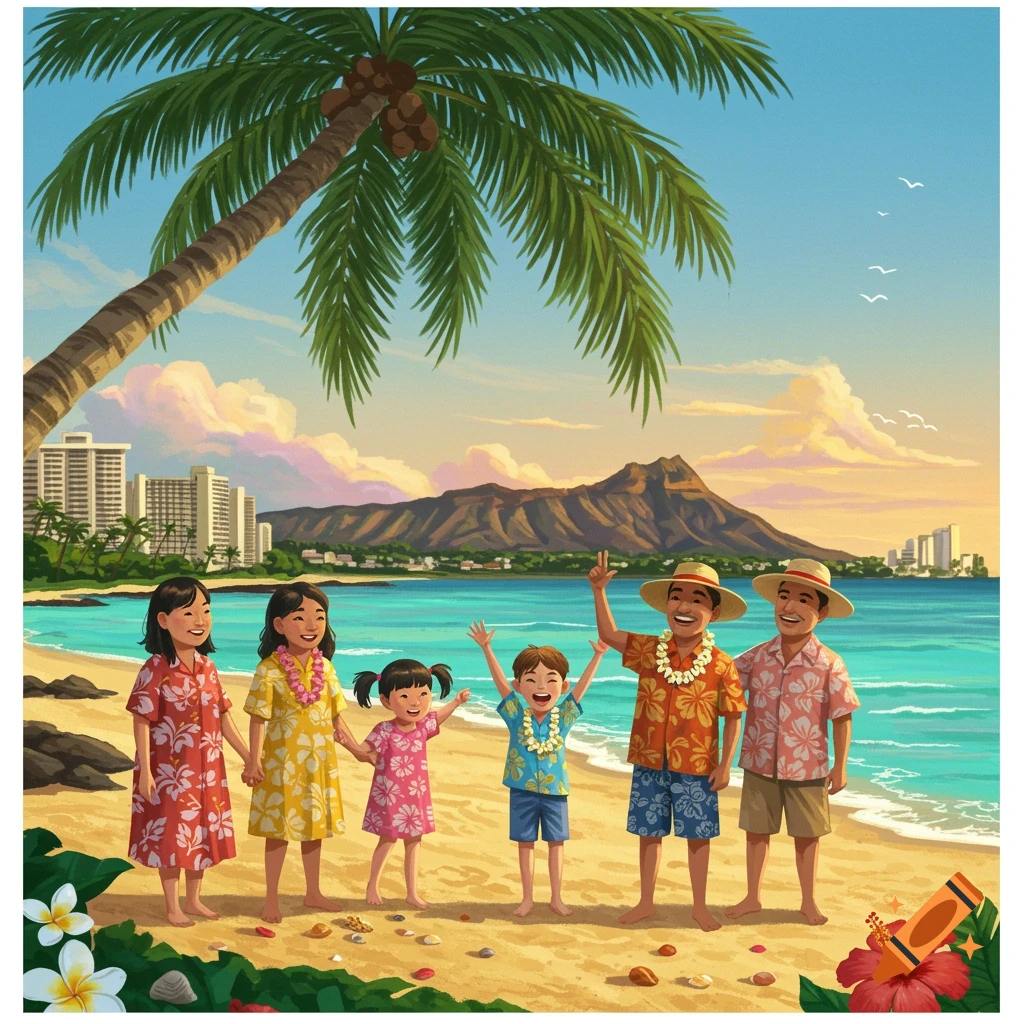 A vibrant image of a family on a beach in Hawaii with Diamond Head in the background.