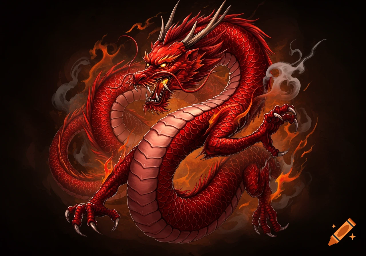 A red dragon surrounded by fire and smoke.