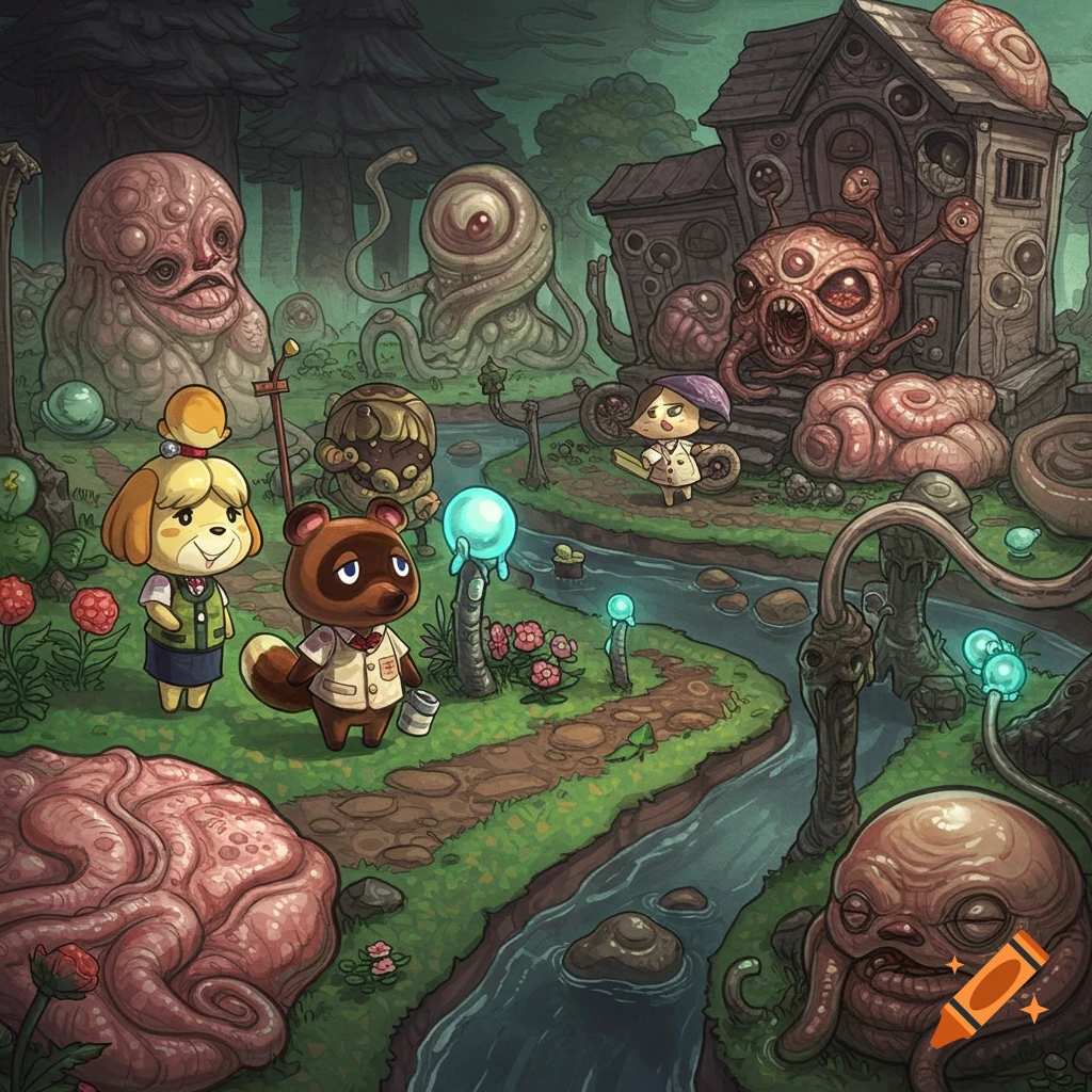 Animal Crossing characters in a disturbing H.R. Giger-style horror landscape with monsters and organic structures.