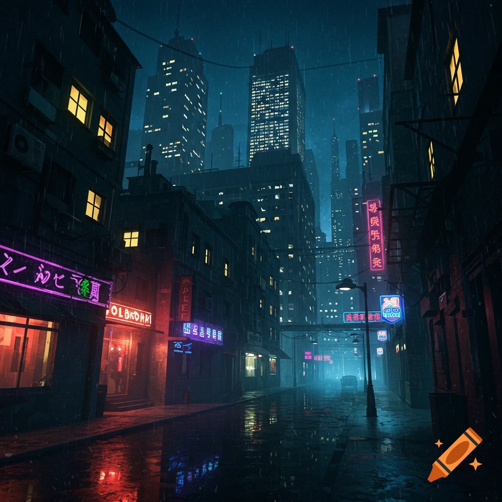 A dark, rainy cityscape at night with neon signs and tall buildings in a noir style.