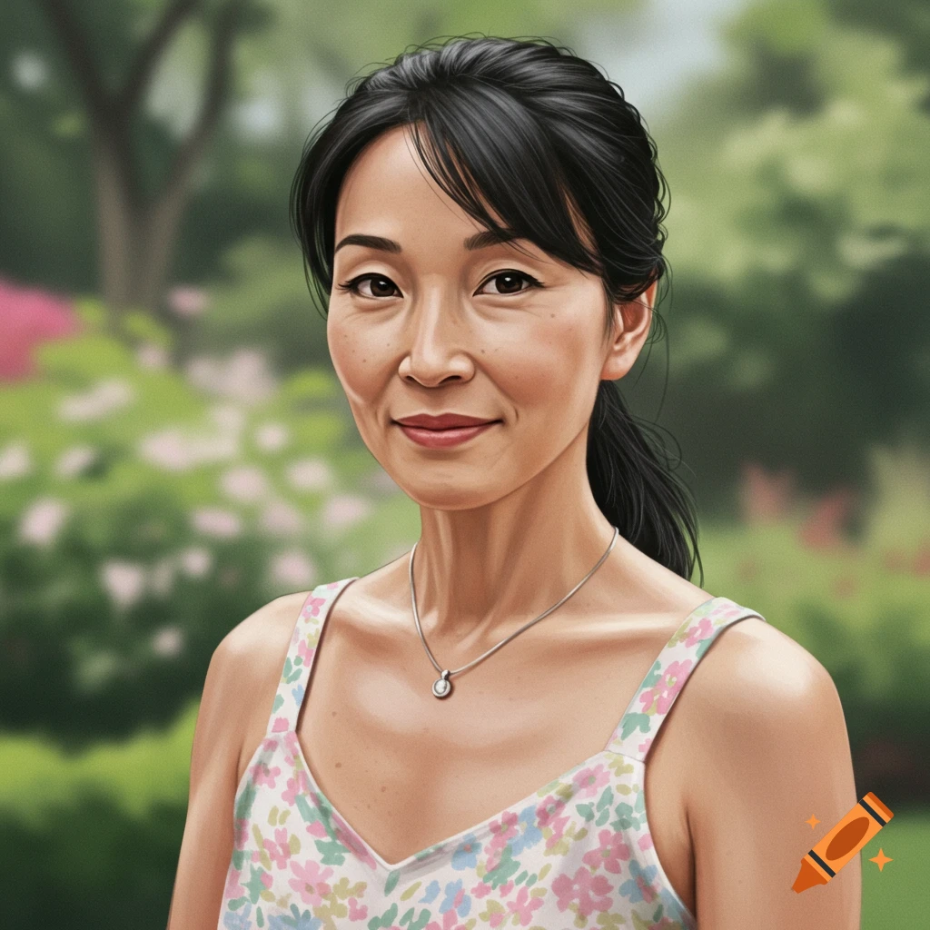 Portrait of a smiling woman in a floral tank top and necklace in a garden.