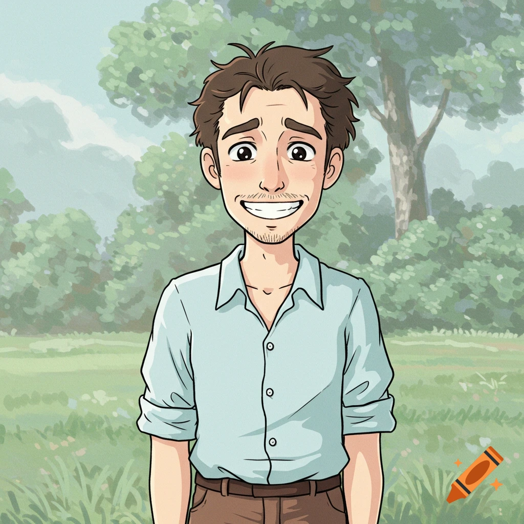 Illustration of a man with a nervous fake smile standing in a park, in Studio Ghibli style.