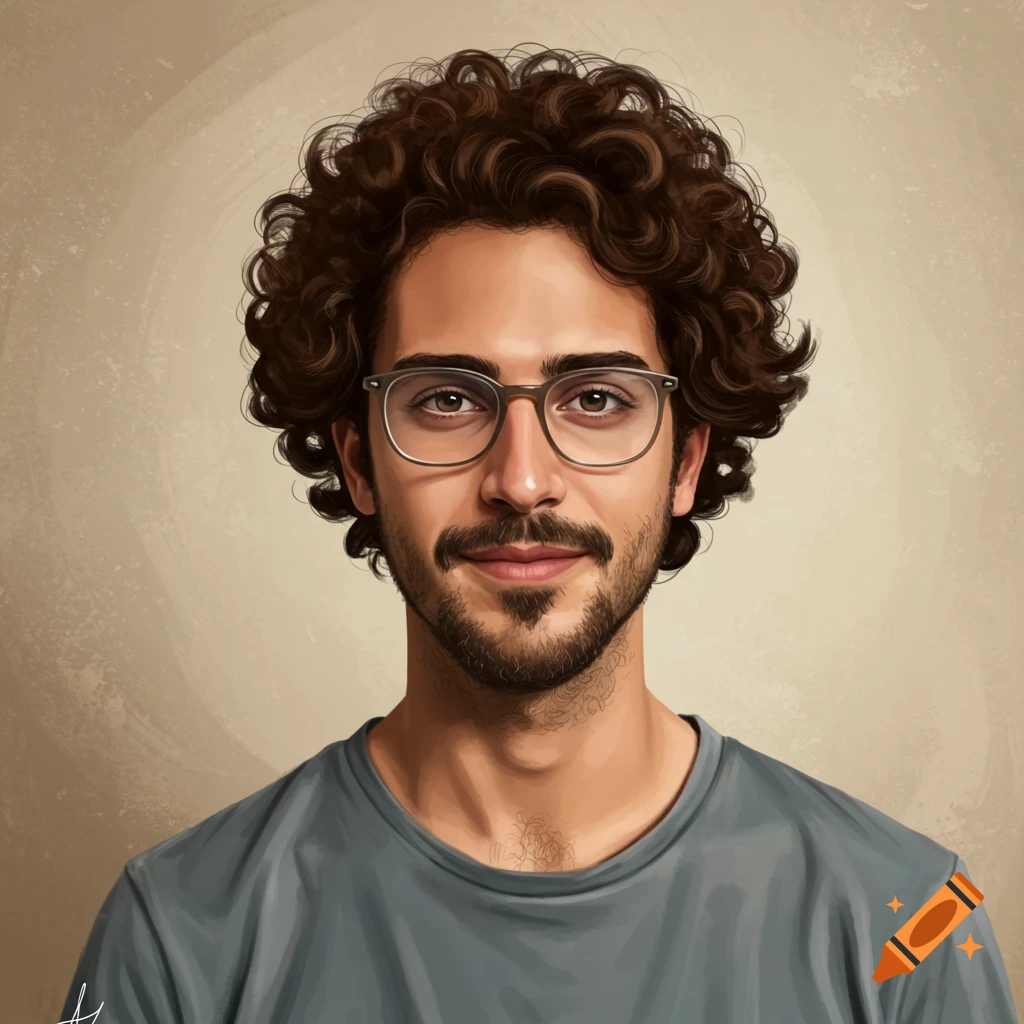 Portrait illustration of a man with curly brown hair, glasses, and beard.
