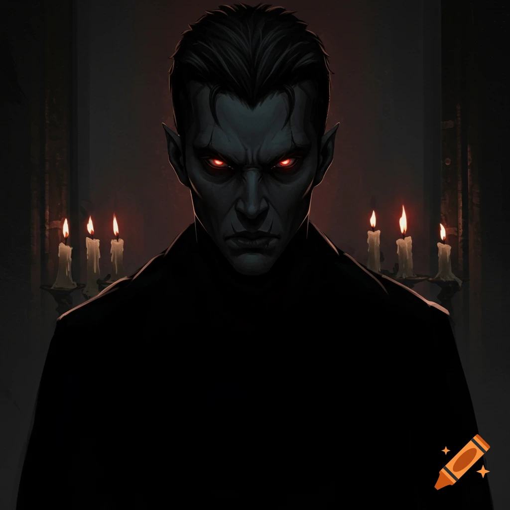 A dark fantasy illustration of a brooding figure with glowing red eyes in a dimly lit room with candles.