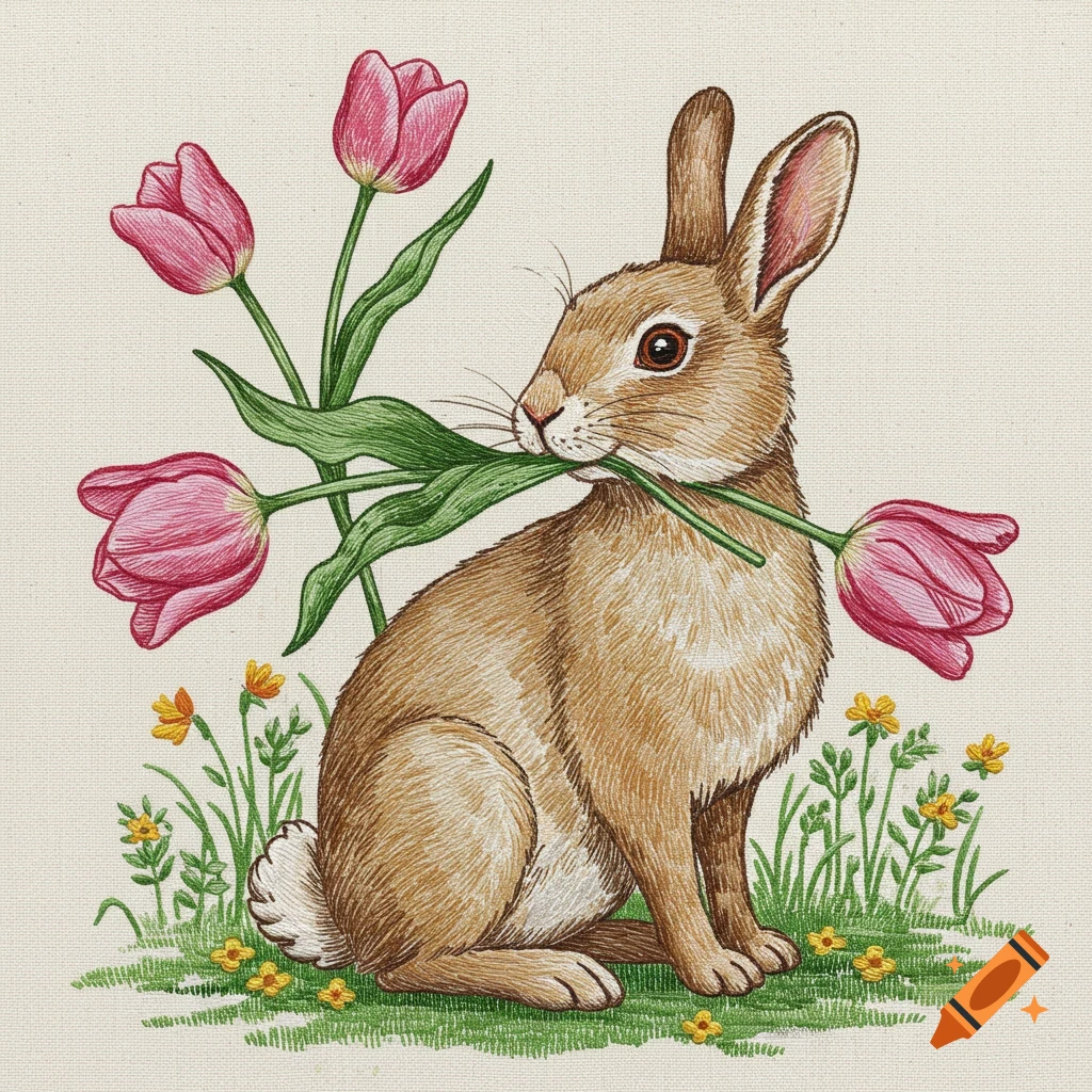 Embroidery illustration of a brown rabbit holding a pink tulip in a garden with small yellow flowers.