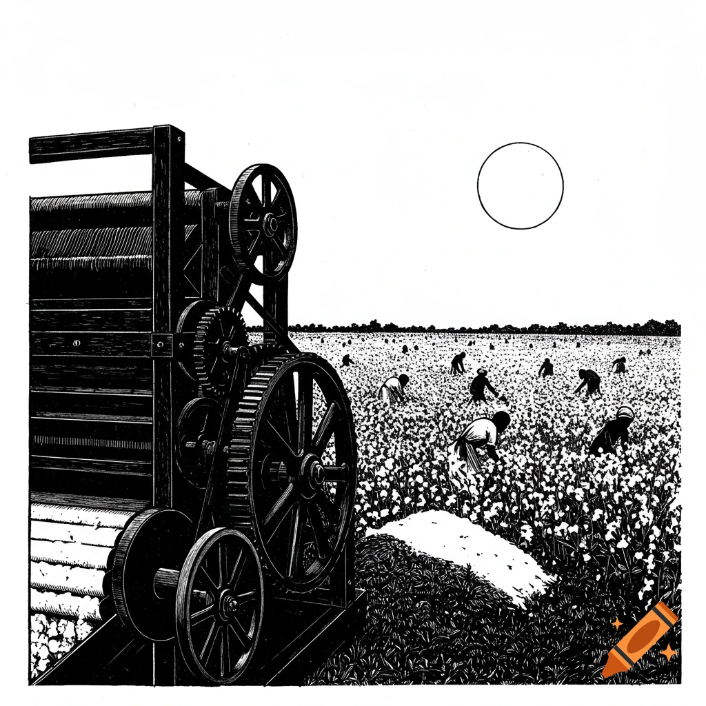 Black and white illustration of a cotton gin next to a field where people are picking cotton under a bright sun.