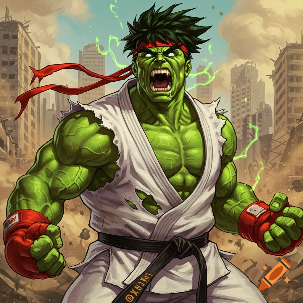 Green Hulk-like character in a torn white gi and red gloves stands roaring in a destroyed city. Digital art style.