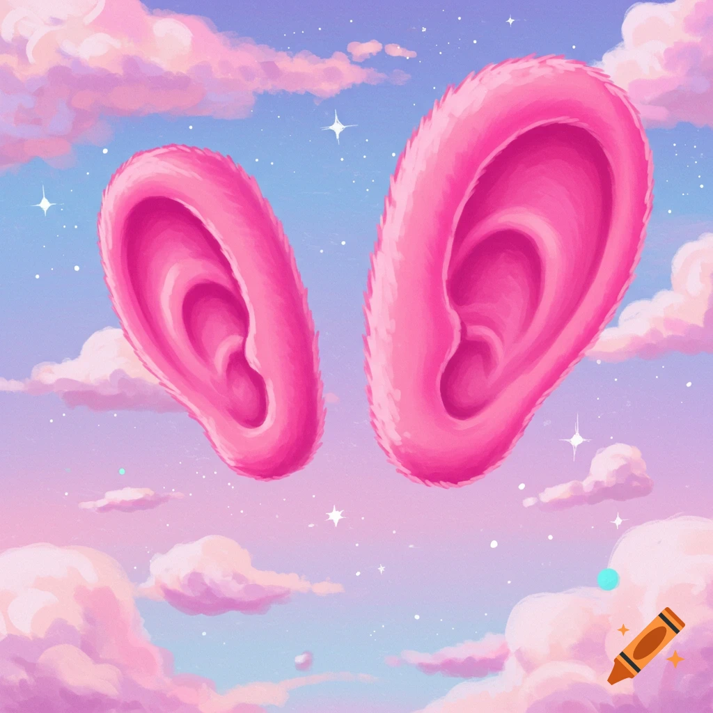 Two large, fluffy pink ears floating in a pastel sky with pink and purple clouds and stars.