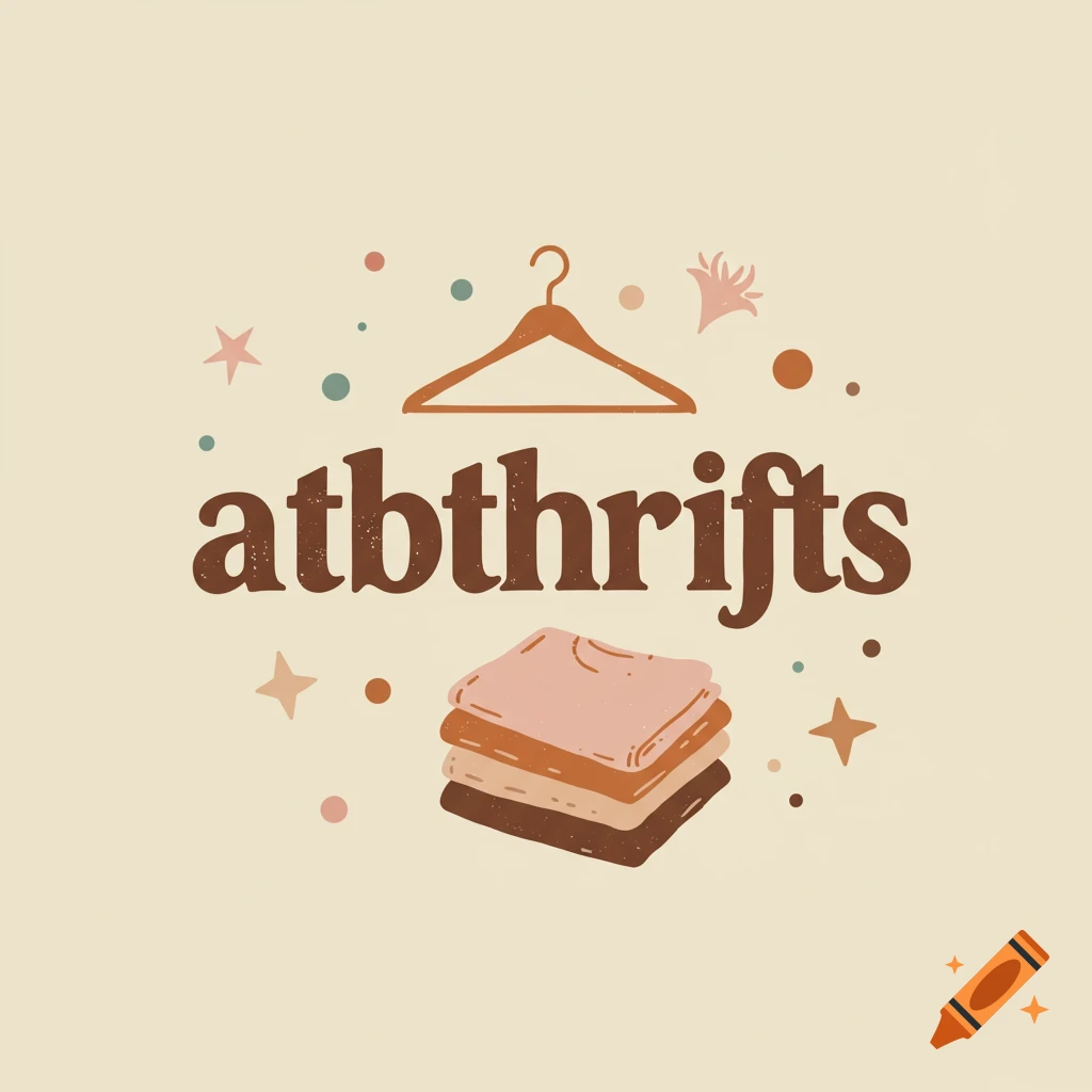 Logo with clothing hanger, 'atbthrifts' text, stack of clothes, and stars.