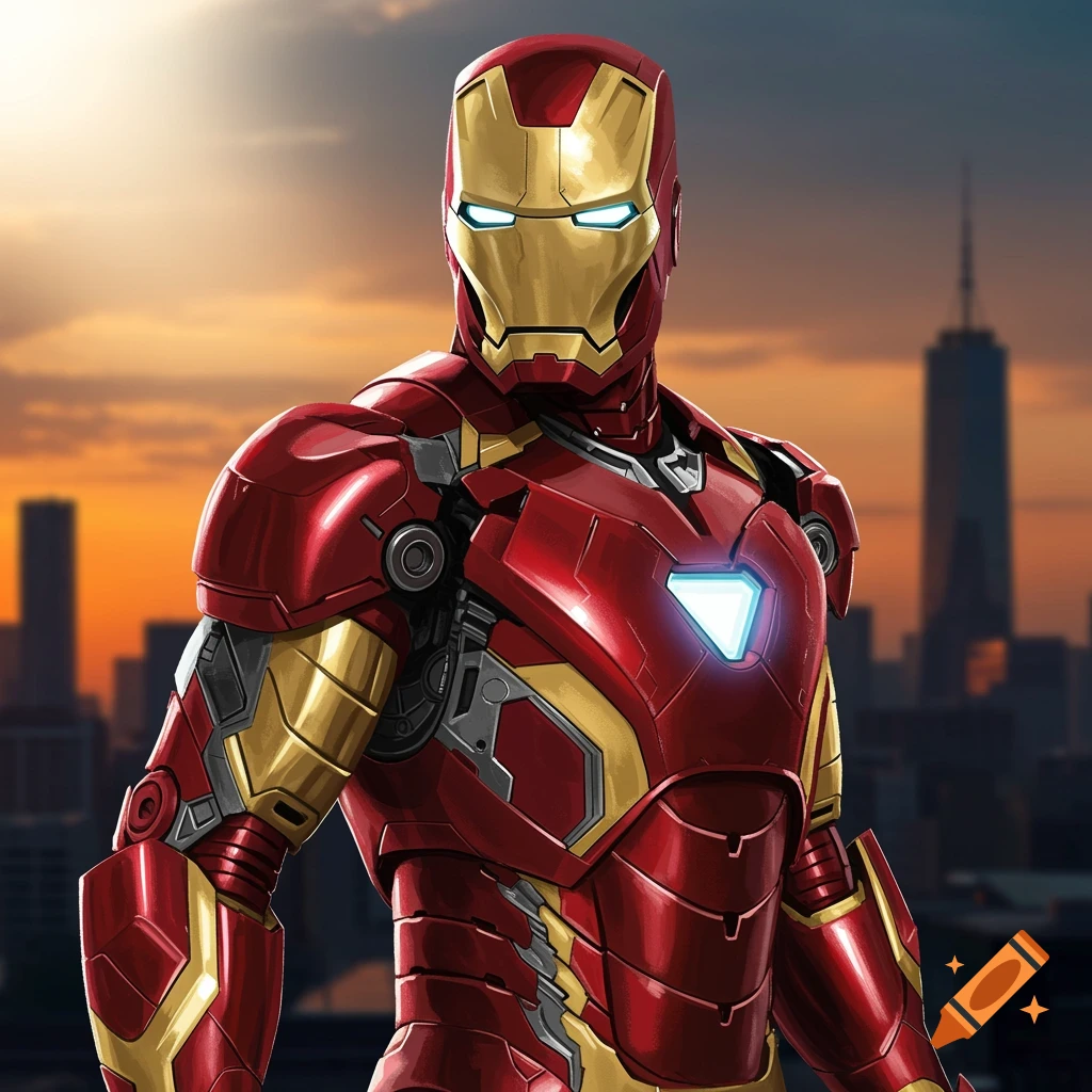 Image of Iron Man in his red and gold armor against a city skyline at dusk.
