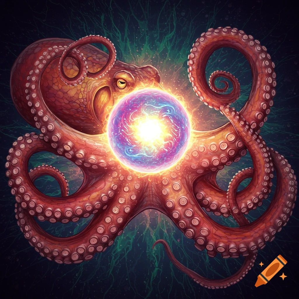 A vibrant octopus holding a glowing, swirling orb of light.