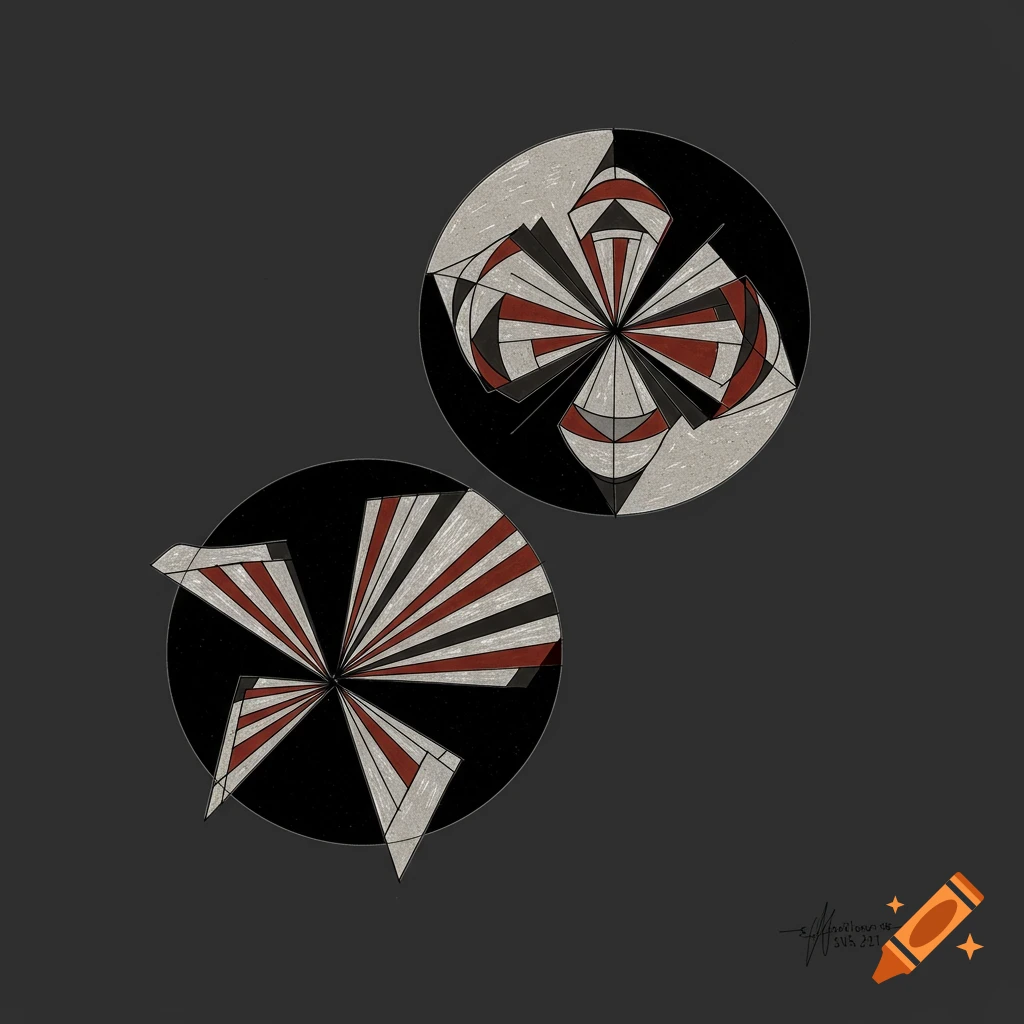 Abstract illustration with two circular designs featuring geometric shapes in red, grey, and black on a dark background.