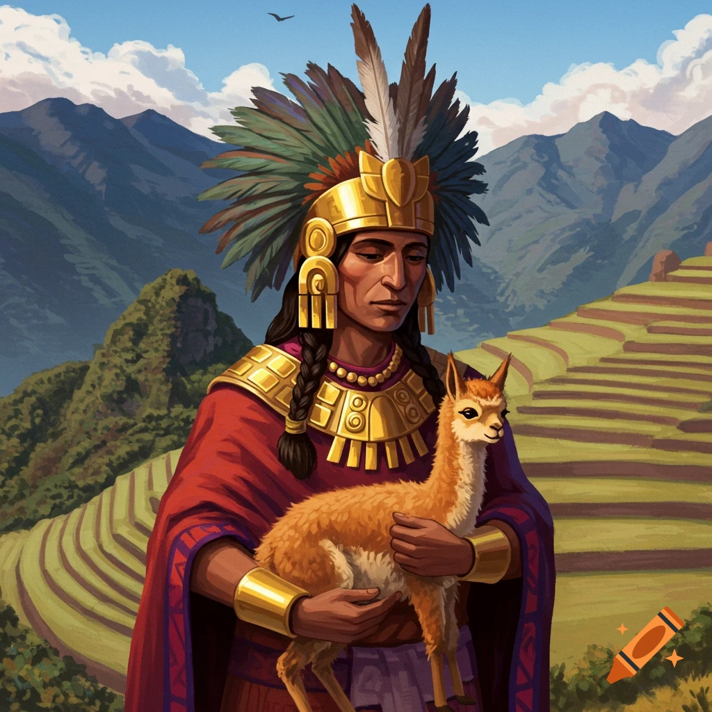 The image displays an Inca figure adorned in rich gold and feathered headwear, holding a small vicu

Based on the analysis, the JSON output is:a with mountain terraces in the background.