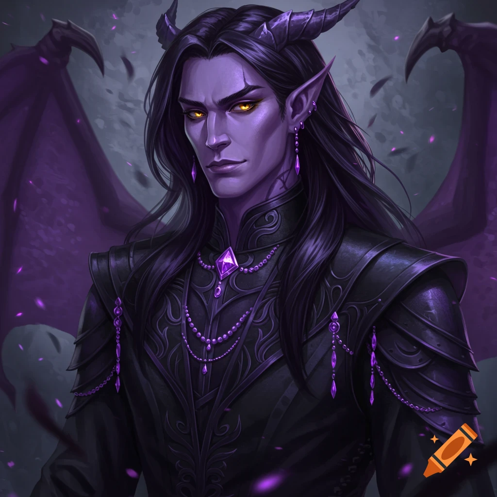 A dark fantasy character with purple skin, horns, wings, and jewels.