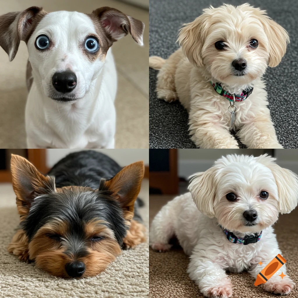 A four-panel collage showing different puppies.