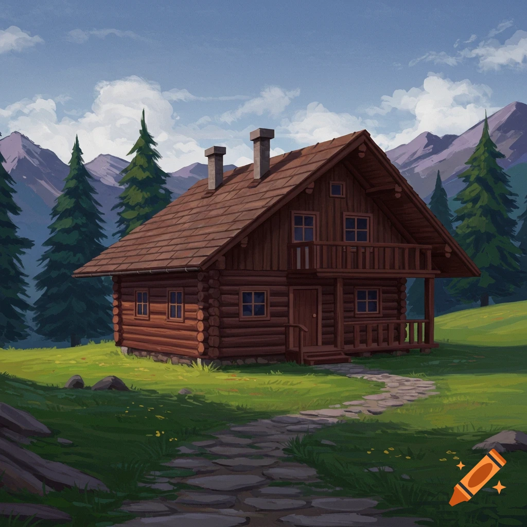 A log cabin with a stone path leading to it, set in a mountain landscape.