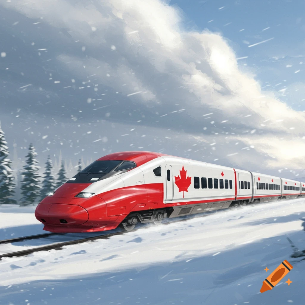 A red and white Canadian bullet train speeds through a snowy winter landscape.
