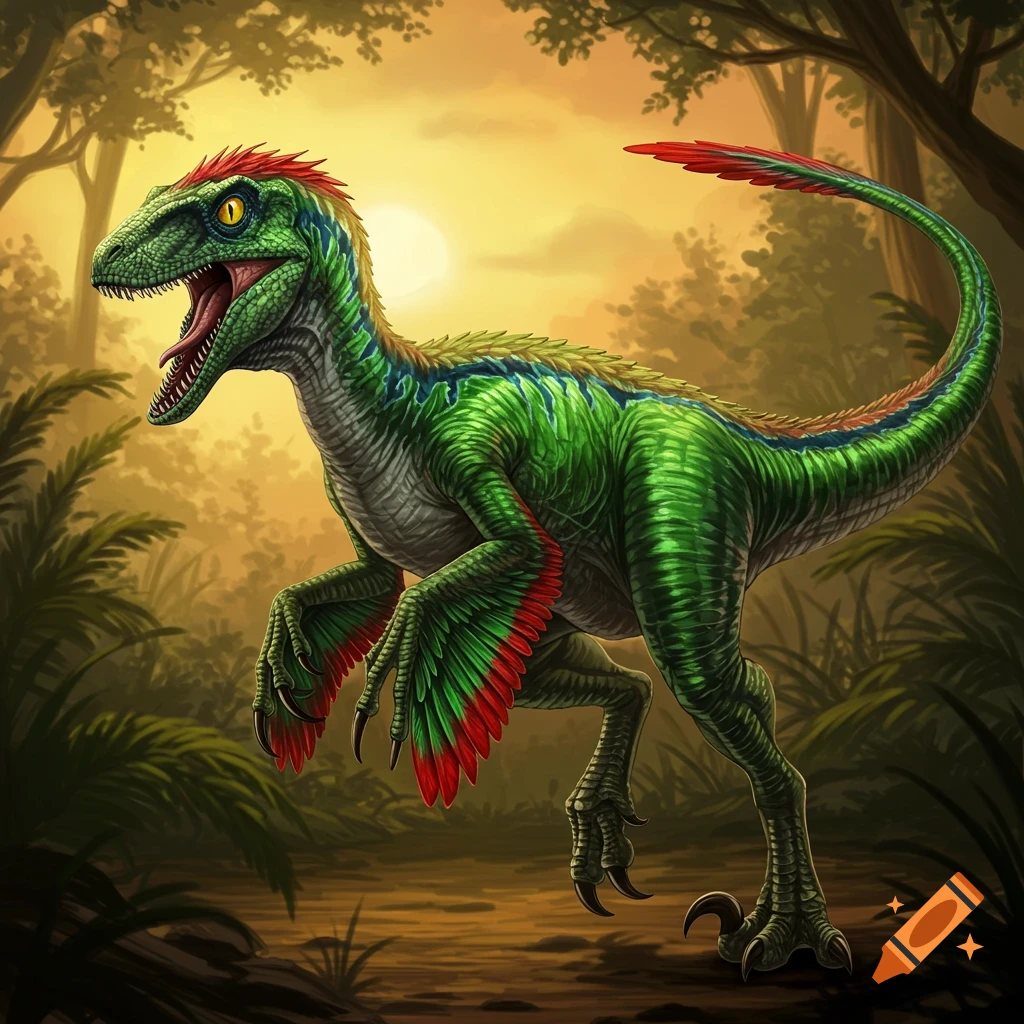 A feathered dinosaur with green scales and red crest walks through a forest at sunset.