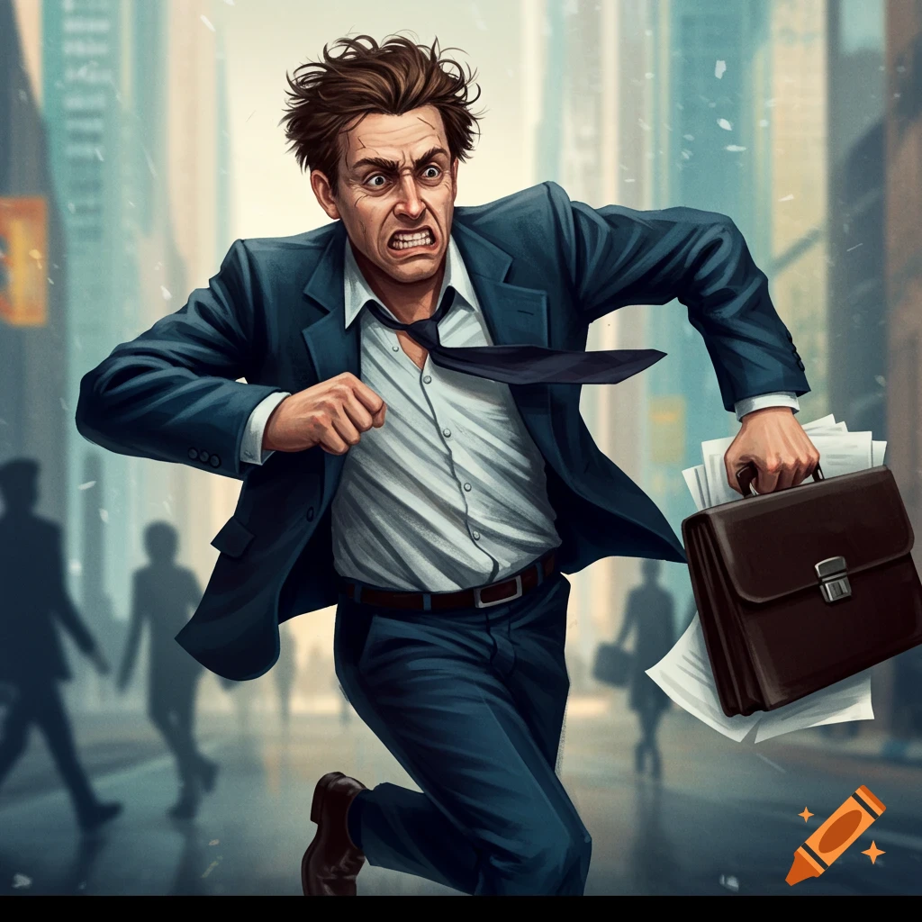 A frantic man in a suit runs with a briefcase down a city street.