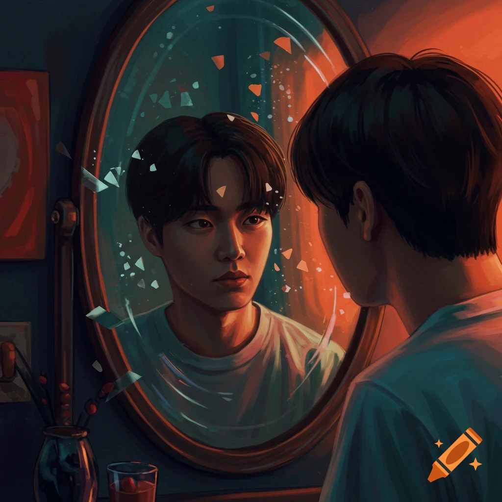 A person looking at their reflection in a mirror with shattered glass.