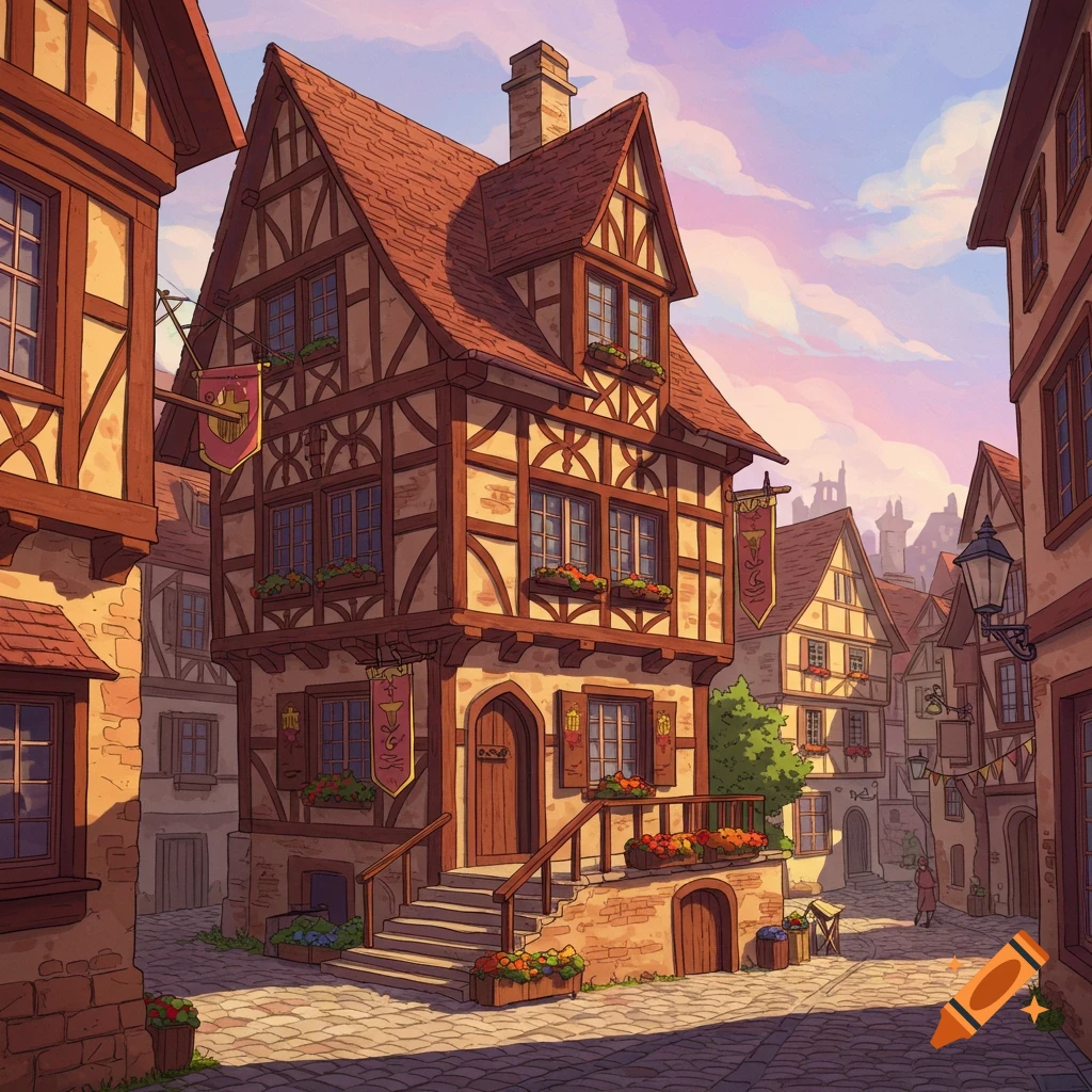 Medieval town street with timber-frame buildings and cobbled ground.