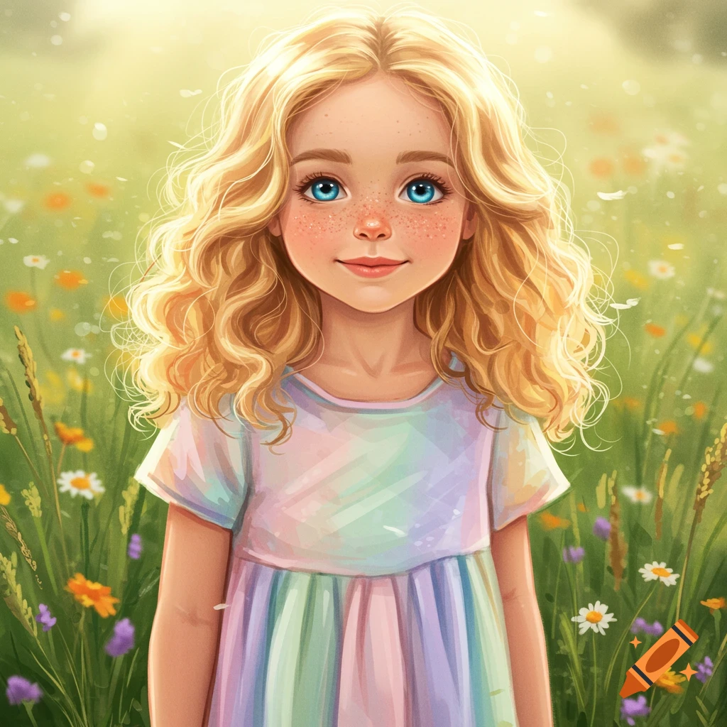 A smiling young girl with blonde curly hair and freckles is standing in a sunlit field of wildflowers.