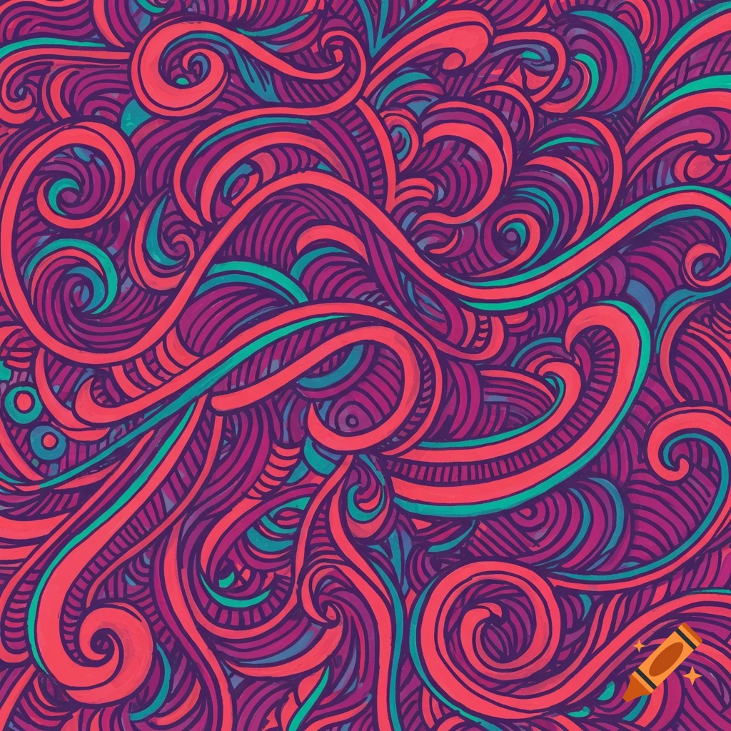 Abstract pattern of swirling lines in purple, coral, and teal.
