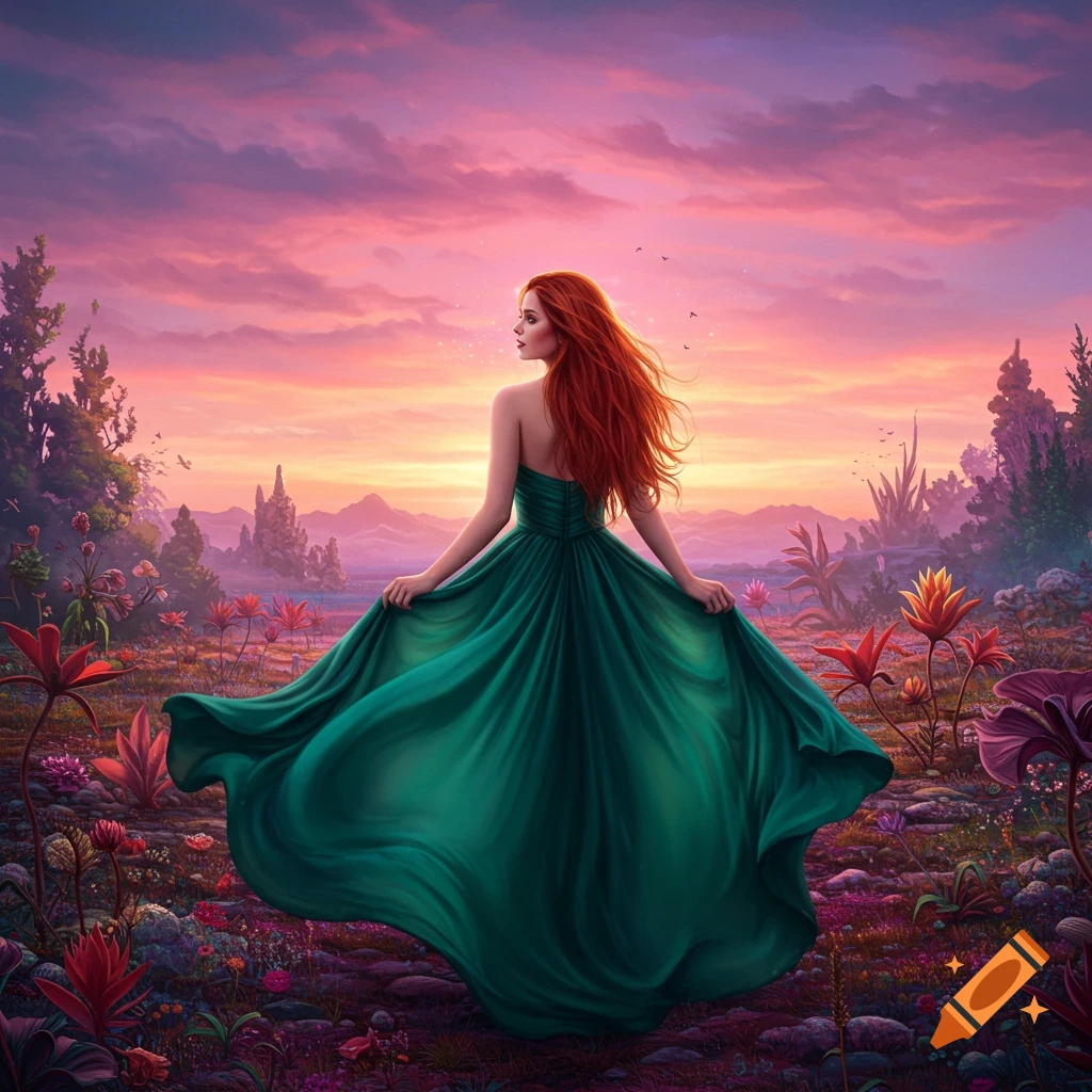 A woman with red hair in a green dress stands in a fantasy landscape at sunset.