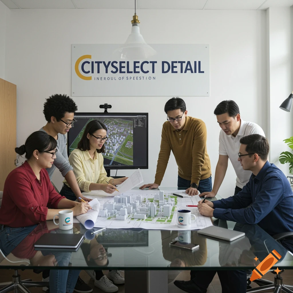 Diverse team reviews 3D city model and blueprints in a modern office with a logo on the wall.