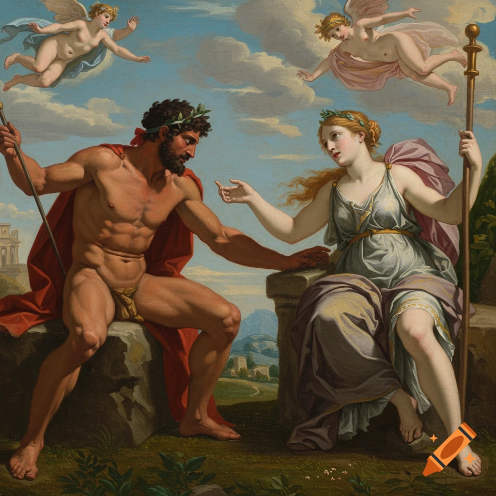 Painting of figures from Greek mythology in a landscape with classical architecture.