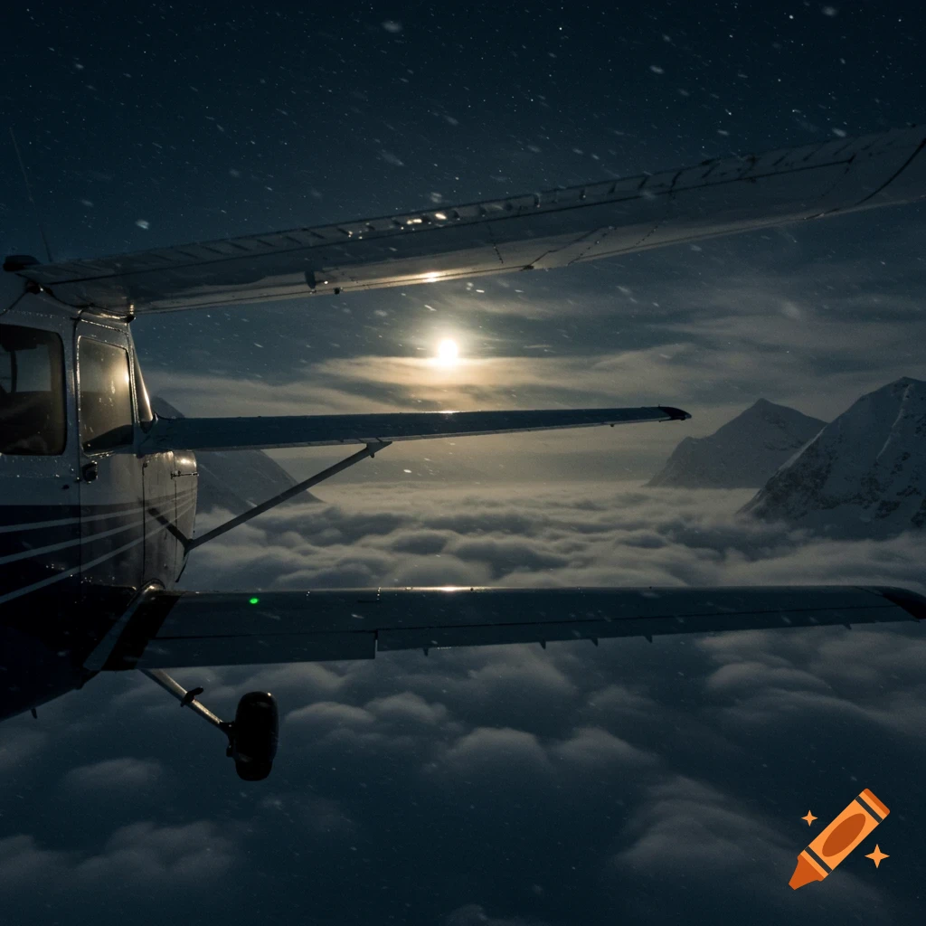 Small plane flies through snowy night sky above clouds and mountains, with the moon visible.