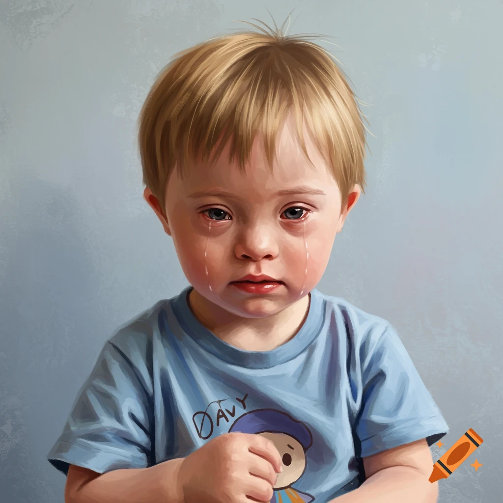 A crying child with Down syndrome.