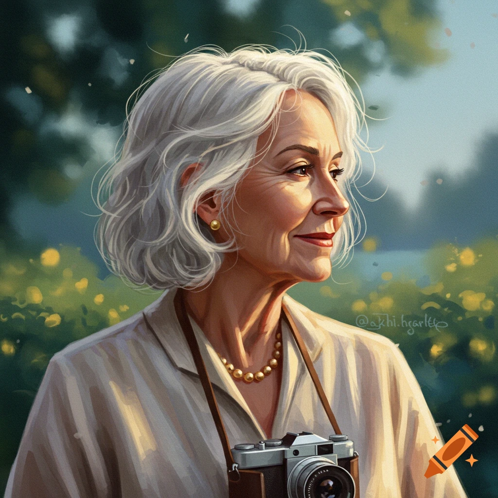 Portrait of older woman with camera around her neck in a garden
