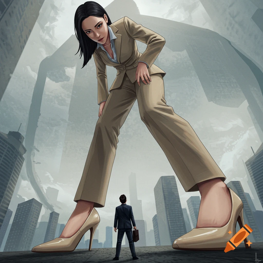 A giant woman in a business suit and high heels looks down at a tiny man in a city.