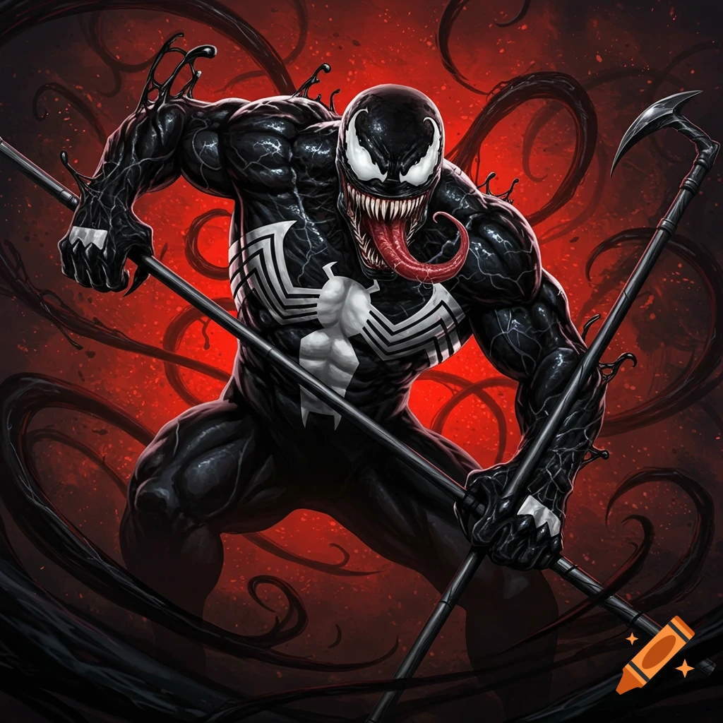 Venom holding two staffs with tendrils and a red background.