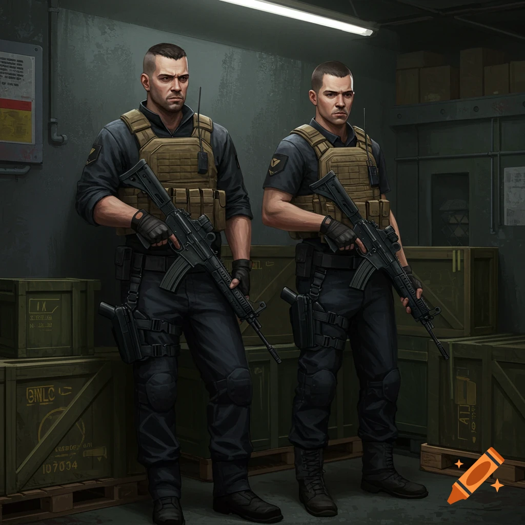Two men in tactical gear holding rifles in a storage room.