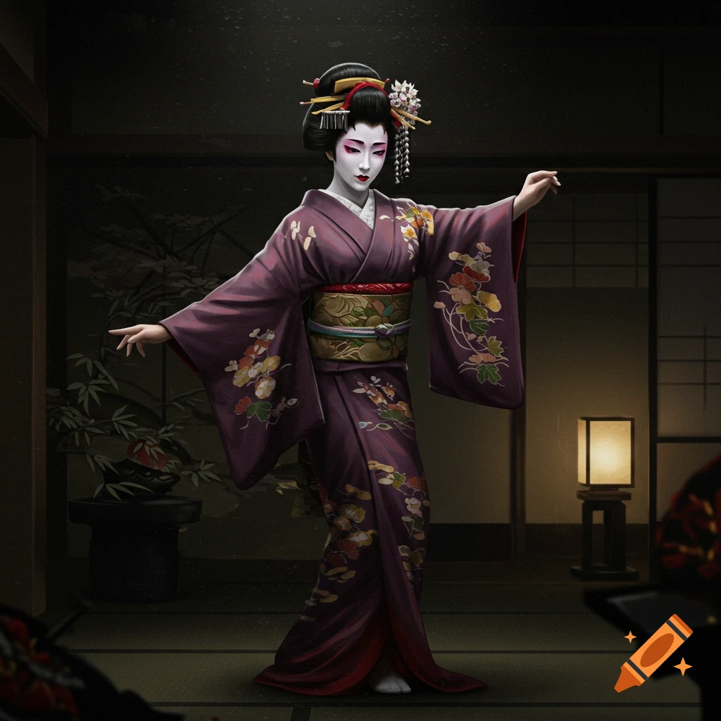 A geisha in a purple kimono dances in a dark traditional room.