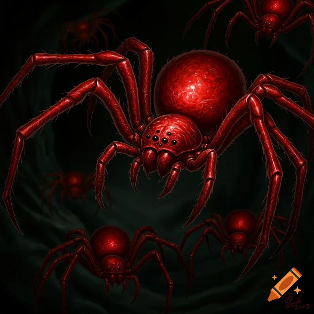 Several large red spiders on a dark background.