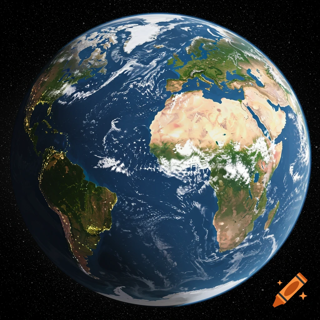 A detailed image of Earth from space showing continents, clouds, and city lights.