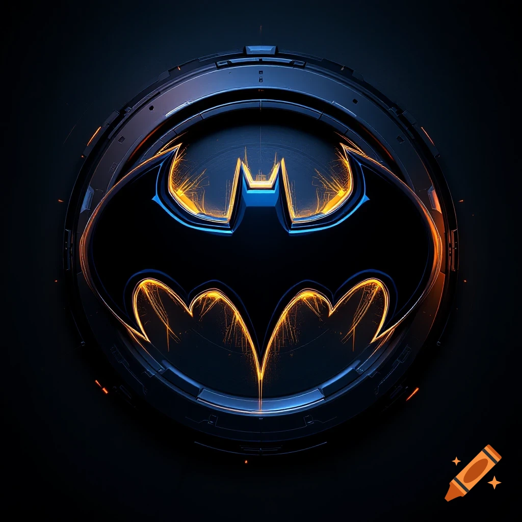 A tech-themed stylized Batman logo with glowing orange accents on a dark background.
