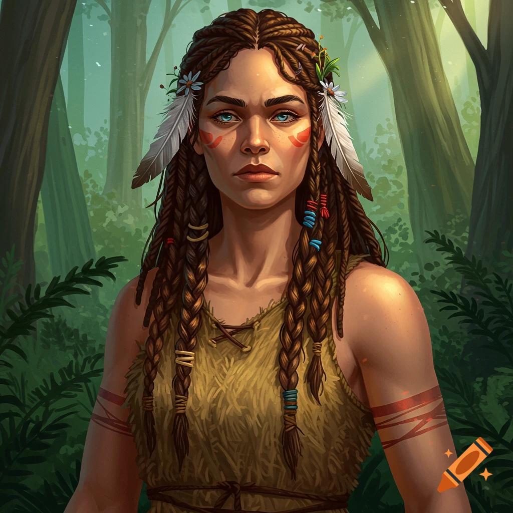 Portrait of a woman with braids, feathers, and face paint in a forest.