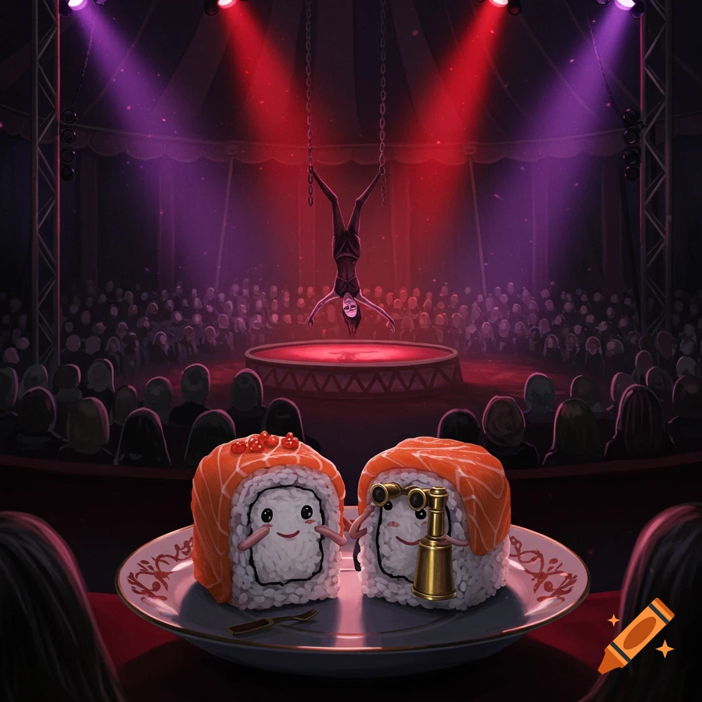 Two animated sushi rolls watch an acrobat hang upside down in a dark, gothic circus tent.